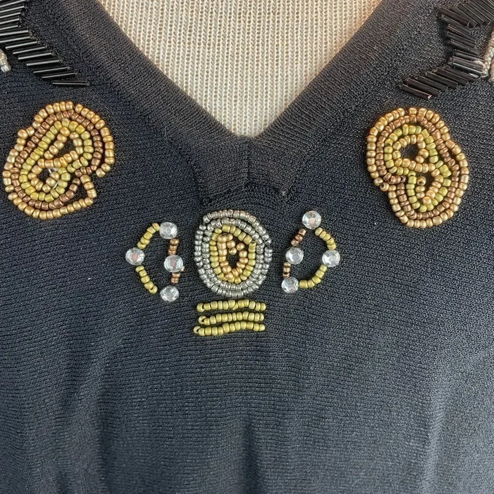 Multiples Black 3/4 Sleeve Beaded Blouse Top EUC